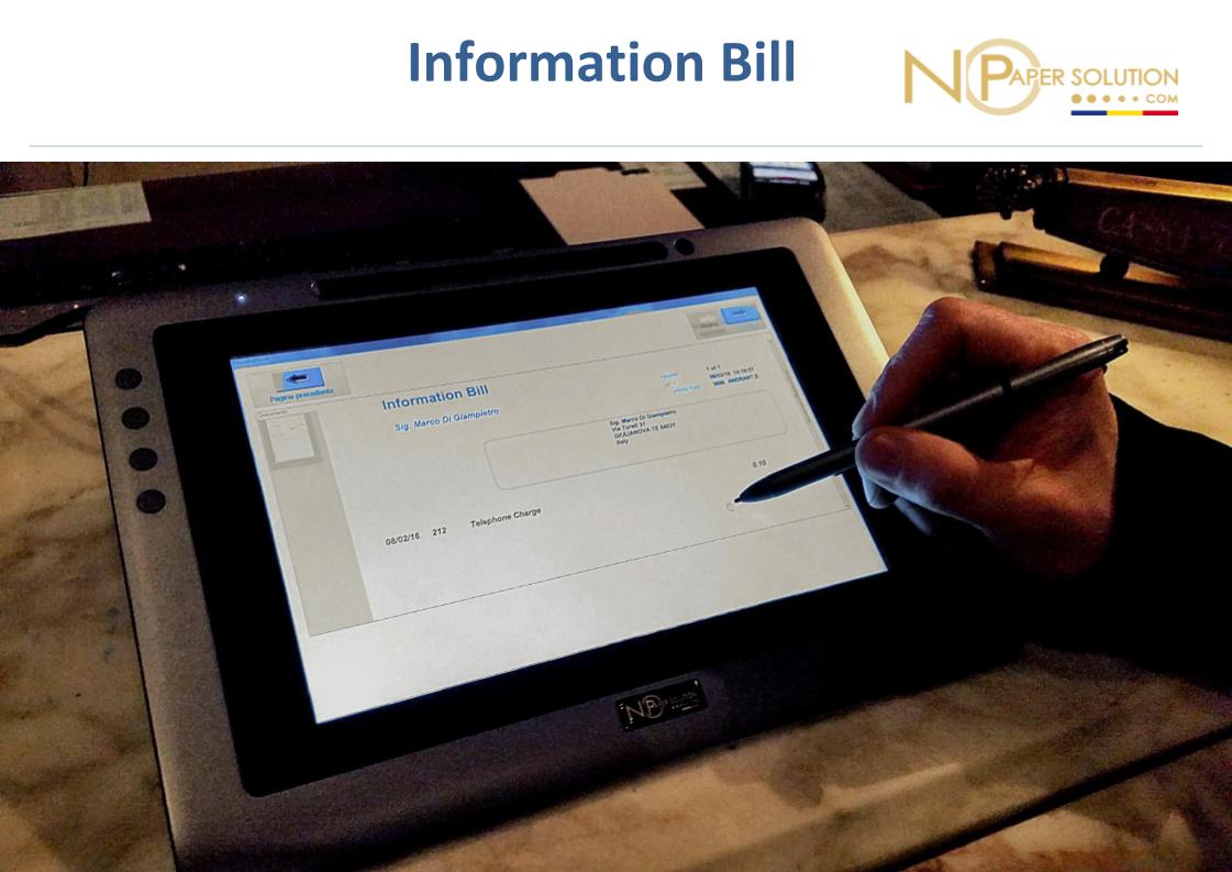 The pro-forma invoice is displayed on the tablet so that customer can check figures. He can then confirm or not  accuracy data.